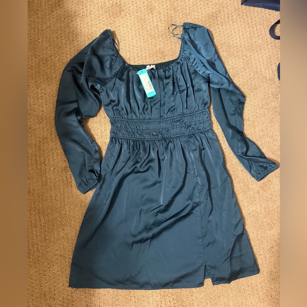 Kaileigh Teal Long Sleeve Smocked Waist Dress